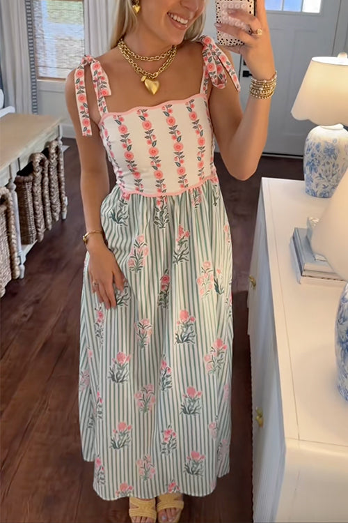 Camilladress Tie Shoulder Back Lace-up Striped Floral Maxi Cami Dress