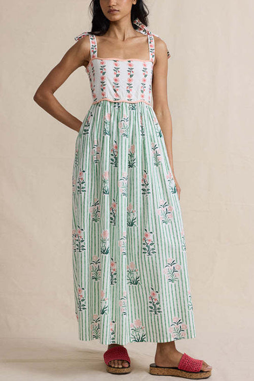 Camilladress Tie Shoulder Back Lace-up Striped Floral Maxi Cami Dress