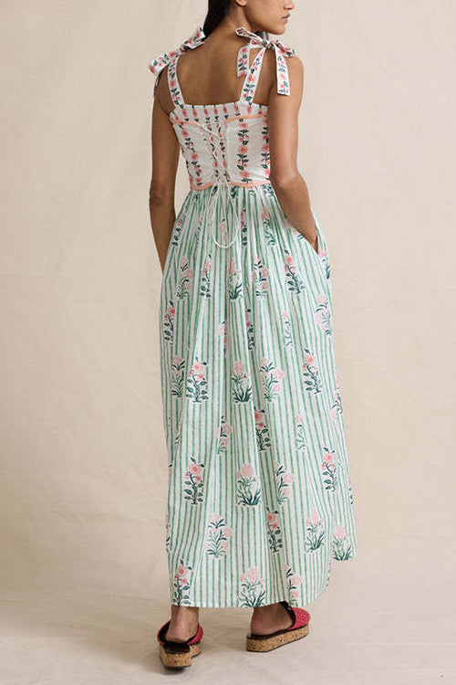 Camilladress Tie Shoulder Back Lace-up Striped Floral Maxi Cami Dress
