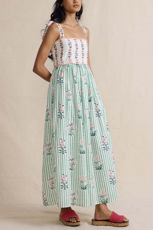 Camilladress Tie Shoulder Back Lace-up Striped Floral Maxi Cami Dress