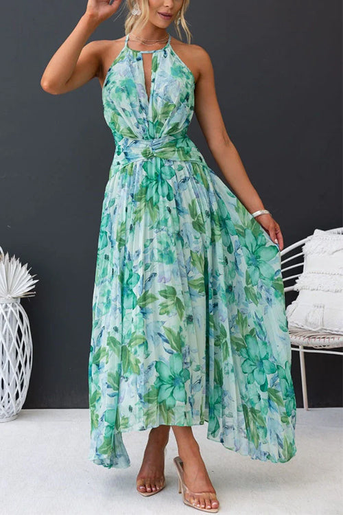 Camilladress V Neck Waisted Cut Out Floral Pleated Maxi Dress