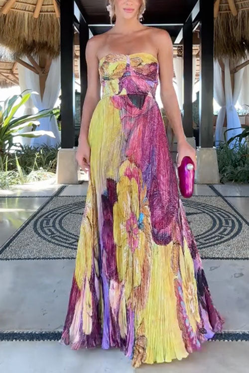 Spaghetti Strap Waisted Floral Print Swing Maxi Dress