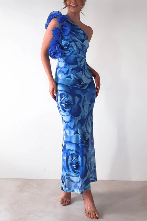 Camilladress Ruffle One Shoulder Floral Print Bodycon Maxi Dress