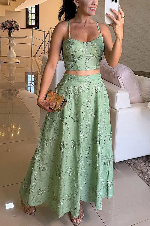Camilladress Embroidery Crop Cami Top and Elastic Waist Swing Maxi Skirt Set
