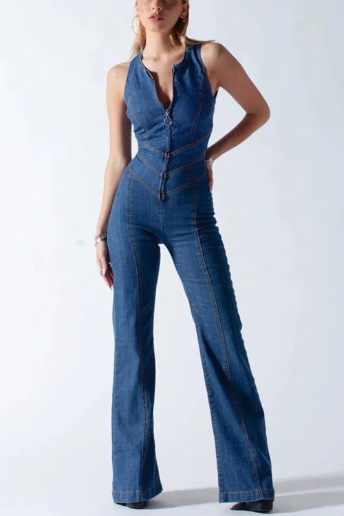 Camilladress Zip Up Sleeveless Heart Back Bell Bottom Denim Jumpsuit