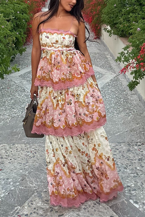 Camilladress Spaghetti Strap Back Lace-up Ruffle Layered Floral Print Maxi Dress