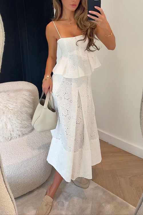 Camilladress Lace Hollow Out Ruffle Cami Top and A-line Midi Skirt Set