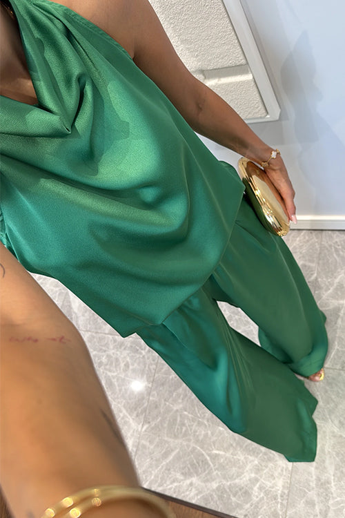 Cowl Neck Sleeveless Top and Wide Leg Pocketed Pants Satin Set