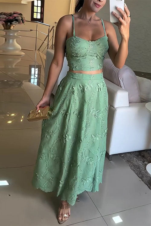 Camilladress Embroidery Crop Cami Top and Elastic Waist Swing Maxi Skirt Set