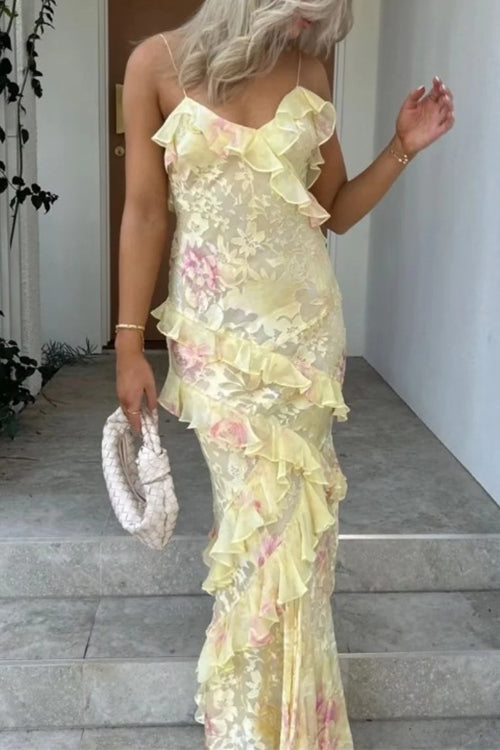 Camilladress Spaghetti Strap Backless Ruffle Trim Printed Maxi Dress