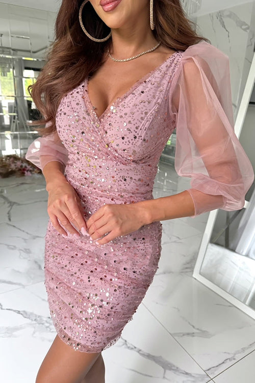 Camilladress V Neck Ruched Mesh Sequin Bodycon Mini Dress