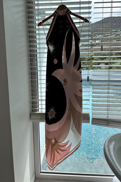 Camilladress Halter Neck Open Back Asymmetric Hem Printed Satin Midi Dress