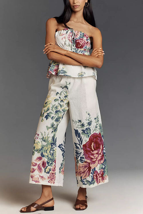 Camilladress Floral Print Strapless Ruffle Tube Top and Smocked Waist Wide Leg Pants