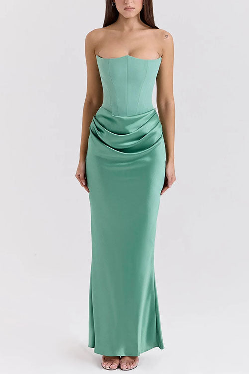 Camilladress Strapless Ruched Satin Splice Bodycon Maxi Dress