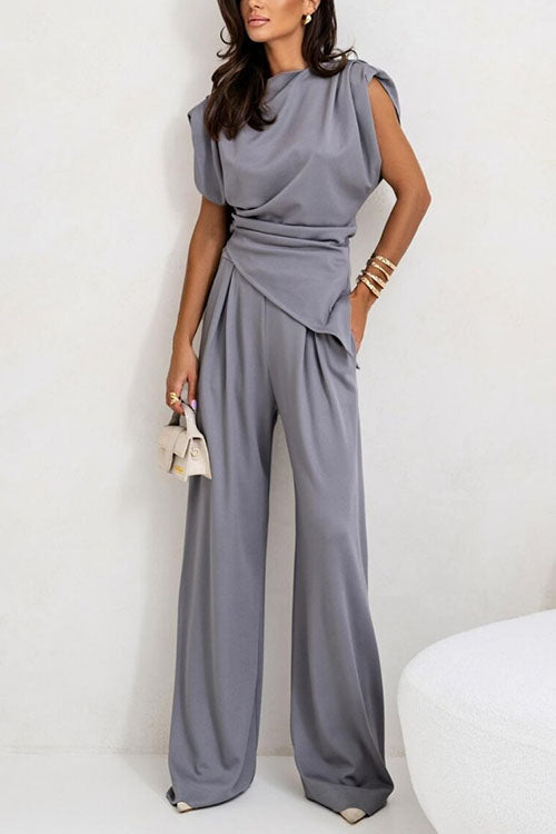 Camilladress Ruched Asymmetrical Top and Wide Leg Pants Set