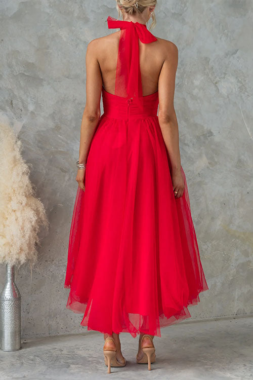 Camilladress Bow Knot Halter Open Back Tulle Maxi Dress