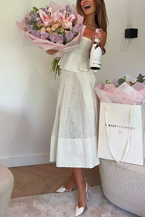 Camilladress Lace Hollow Out Ruffle Cami Top and A-line Midi Skirt Set