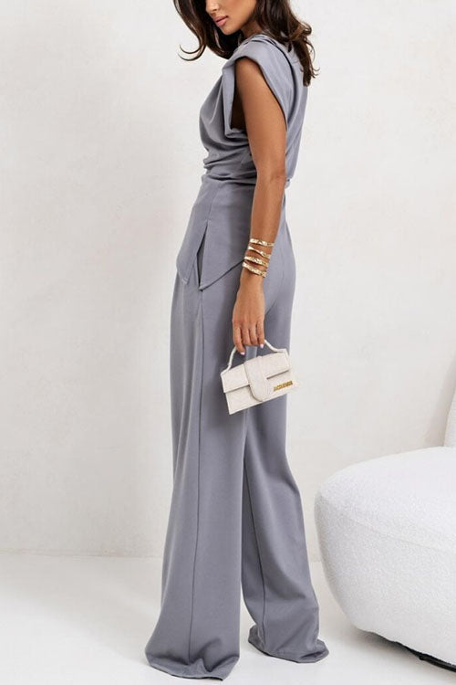 Camilladress Ruched Asymmetrical Top and Wide Leg Pants Set