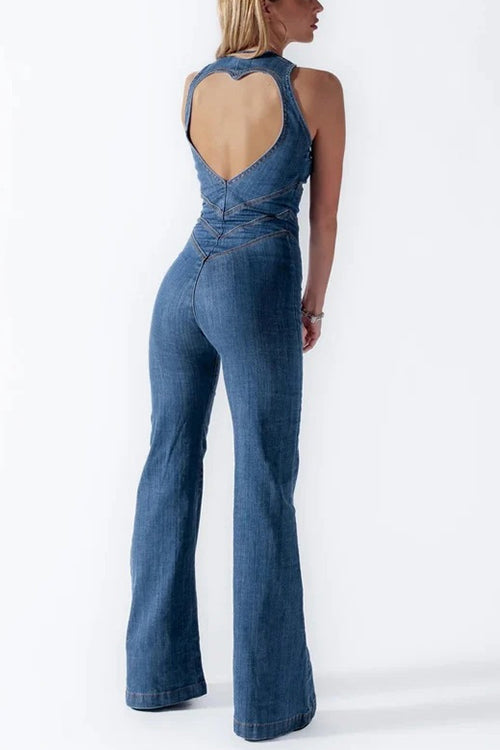 Camilladress Zip Up Sleeveless Heart Back Bell Bottom Denim Jumpsuit