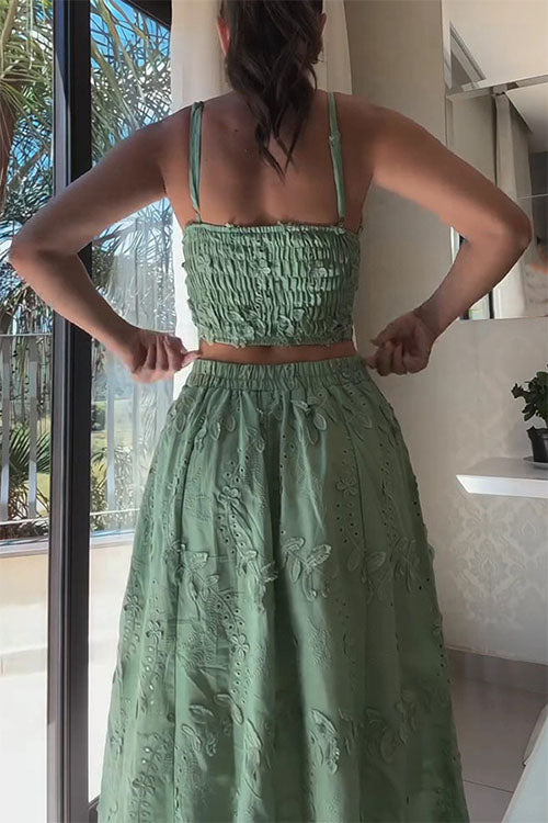 Camilladress Embroidery Crop Cami Top and Elastic Waist Swing Maxi Skirt Set