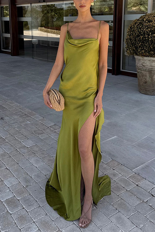 Camilladress High Slit Back Drape Cascading Satin Maxi Cami Dress