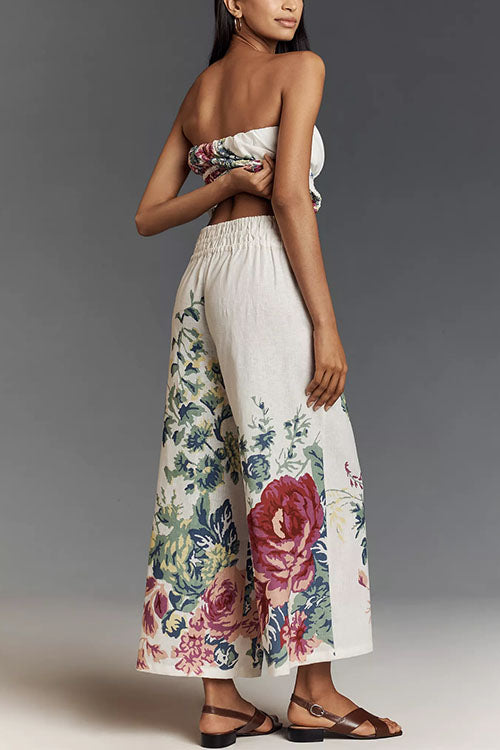 Camilladress Floral Print Strapless Ruffle Tube Top and Smocked Waist Wide Leg Pants