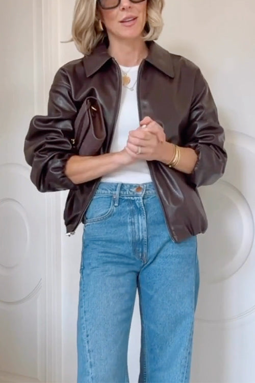 Camilladress Lapel Zip Up Faux Leather Bomber Jacket