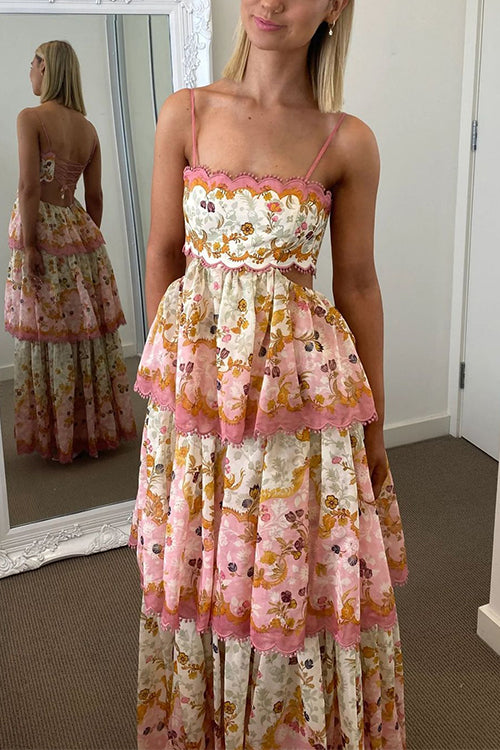 Camilladress Spaghetti Strap Back Lace-up Ruffle Layered Floral Print Maxi Dress