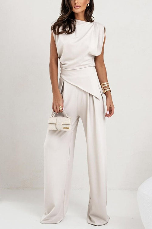 Camilladress Ruched Asymmetrical Top and Wide Leg Pants Set