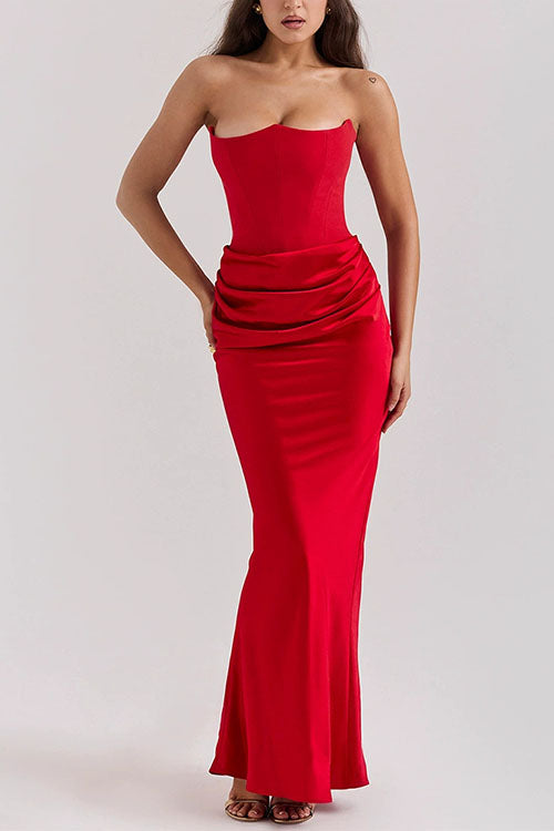 Camilladress Strapless Ruched Satin Splice Bodycon Maxi Dress