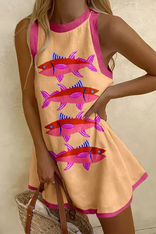 Camilladress Sleeveless Cartoon Fish Print Color Block Mini Dress
