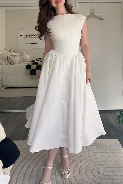 Camilladress Cap Sleeves Open Back Waisted Swing Midi Dress