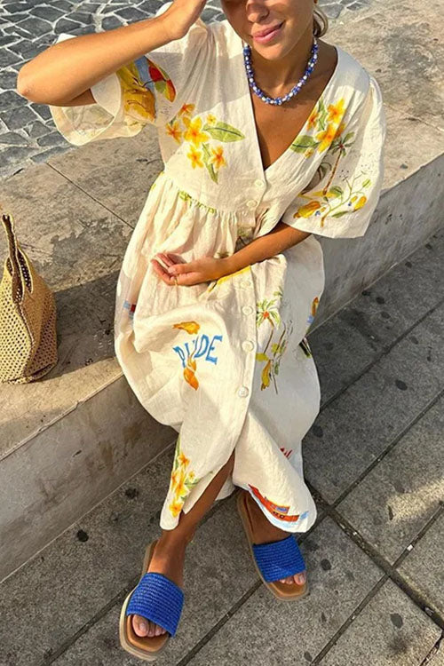 Camilladress V Neck Button Down Tropic Print Sun-kissed Maxi Holiday Dress