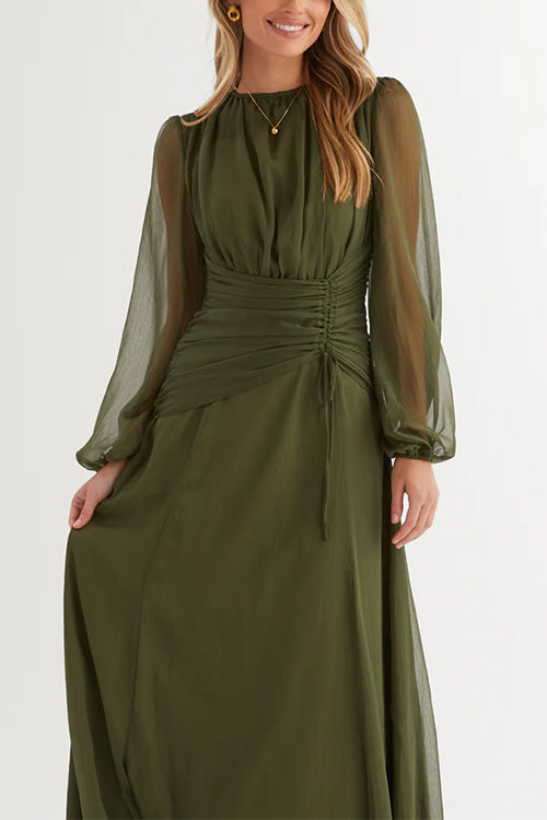 Long Sleeves Ruched Drawstring Waist Maxi Dress