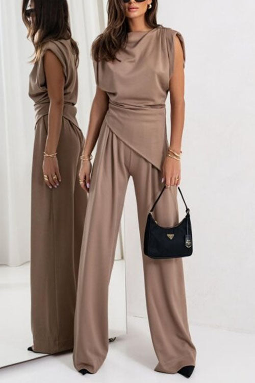 Camilladress Ruched Asymmetrical Top and Wide Leg Pants Set