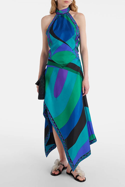 Camilladress Printed Halter Tie Knot Backless Top and Irregular Hem Maxi Skirt Set