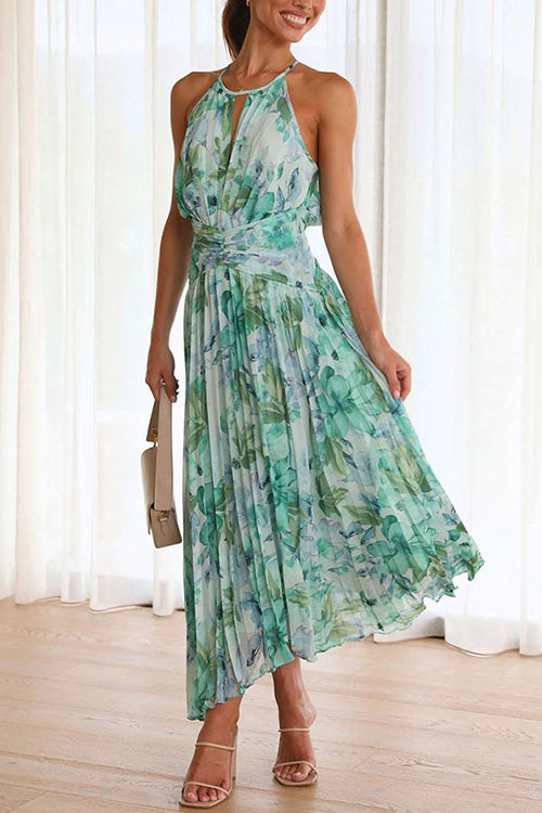 Camilladress V Neck Waisted Cut Out Floral Pleated Maxi Dress