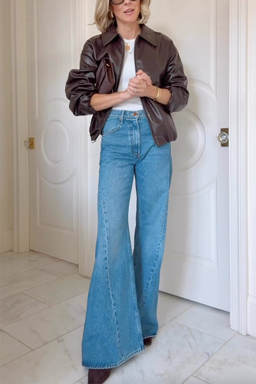 Camilladress Lapel Zip Up Faux Leather Bomber Jacket