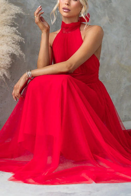 Camilladress Bow Knot Halter Open Back Tulle Maxi Dress