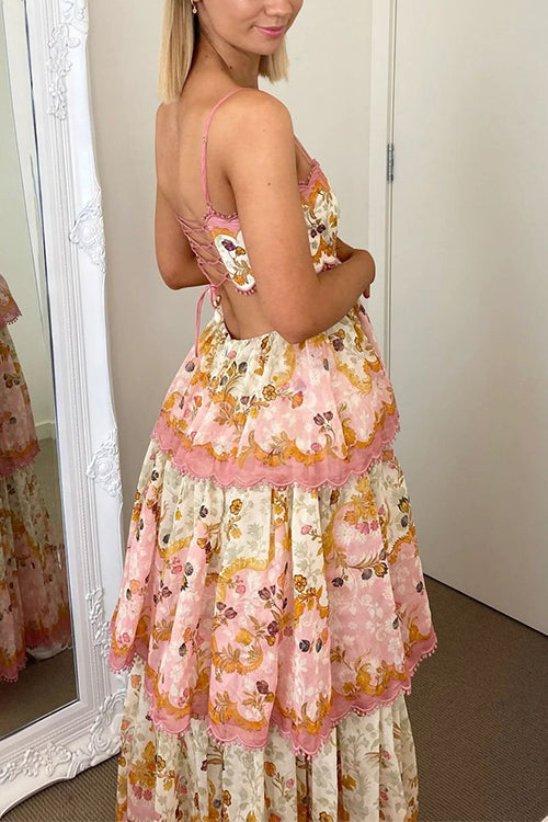 Camilladress Spaghetti Strap Back Lace-up Ruffle Layered Floral Print Maxi Dress