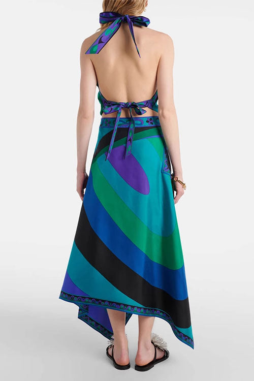 Camilladress Printed Halter Tie Knot Backless Top and Irregular Hem Maxi Skirt Set