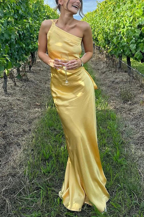 Camilladress One Shoulder Open Back Tie Knot Satin Maxi Dress