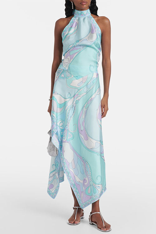 Camilladress Printed Halter Tie Knot Backless Top and Irregular Hem Maxi Skirt Set