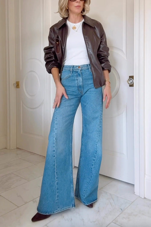 Camilladress Lapel Zip Up Faux Leather Bomber Jacket