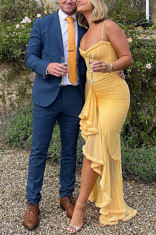 Camilladress Spaghetti Strap Mesh Splice Draped Ruffle Maxi Dress