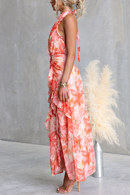 Halter V Neck Backless Floral Print Ruffle Slit Maxi Dress