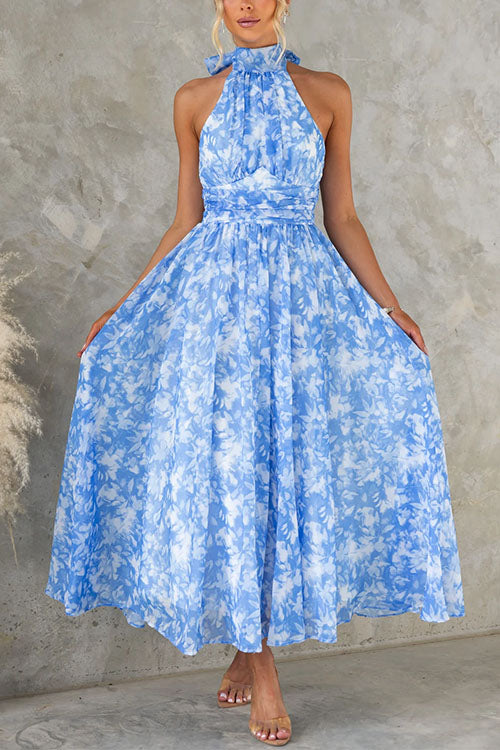 Bow Neck Halter Backless Floral Print Maxi Dress