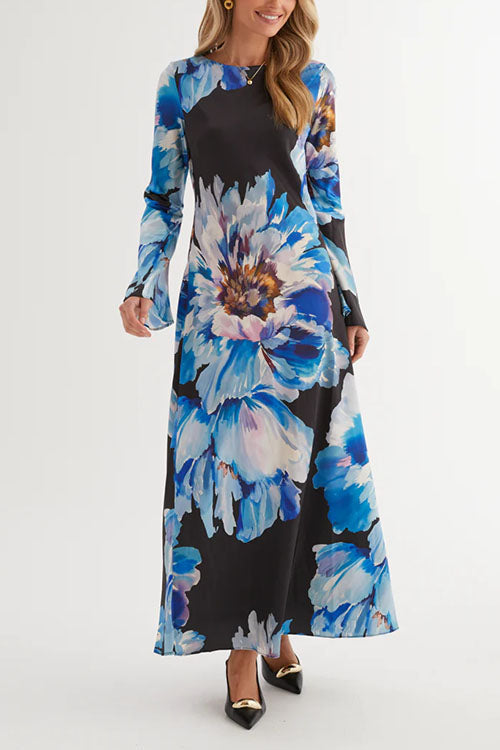 Boat Neck Long Sleeves Floral Print Maxi Dress