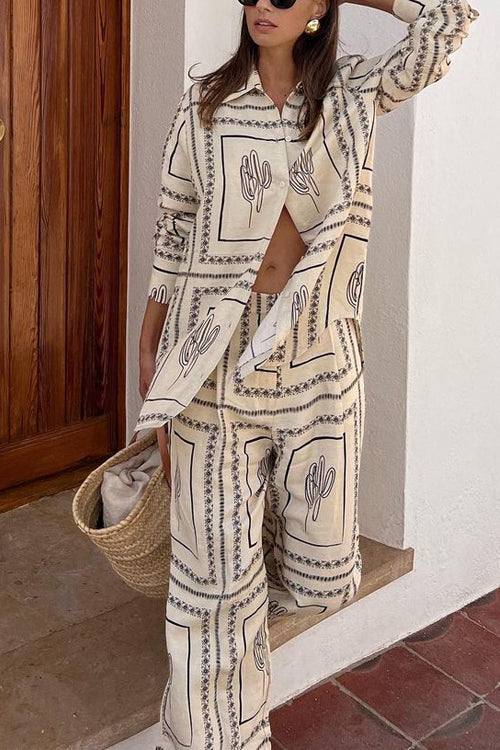 Camilladress Cactus Print Lapel Long Sleeves Shirt Elastic Waist Wide Leg Pants Set
