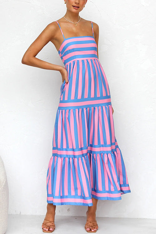 Camilladress Spaghetti Strap Ruffle Tiered Color Block Striped Maxi Dress